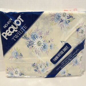 Vintage Pequot Twilite No-Iron Twin Fitted Sheet NOS Floral Blue Purple